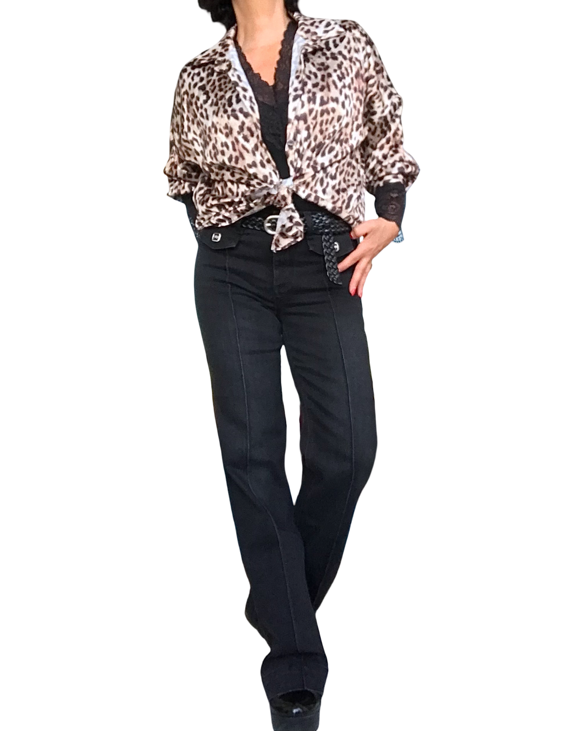 Chemise en satin léopard à manche longue