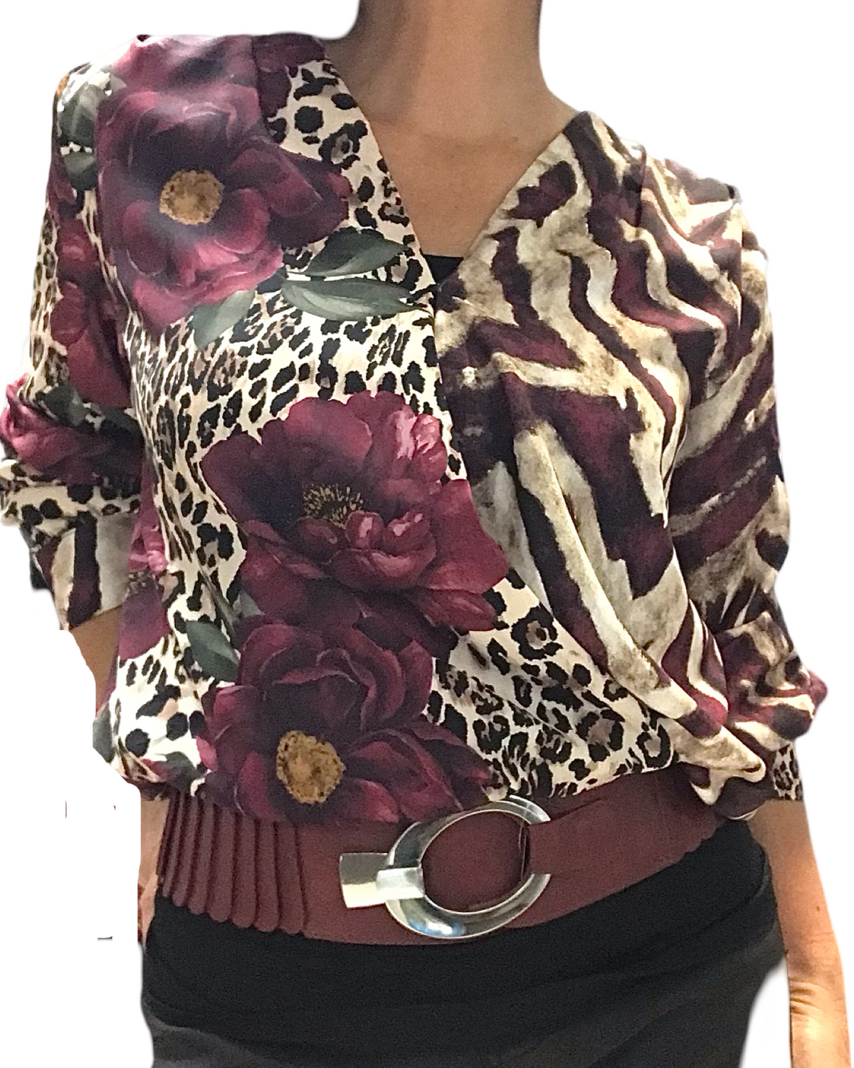 Blouse cache-coeur avec imprimé bourgogne de fleurs et zébré avec ceinture 