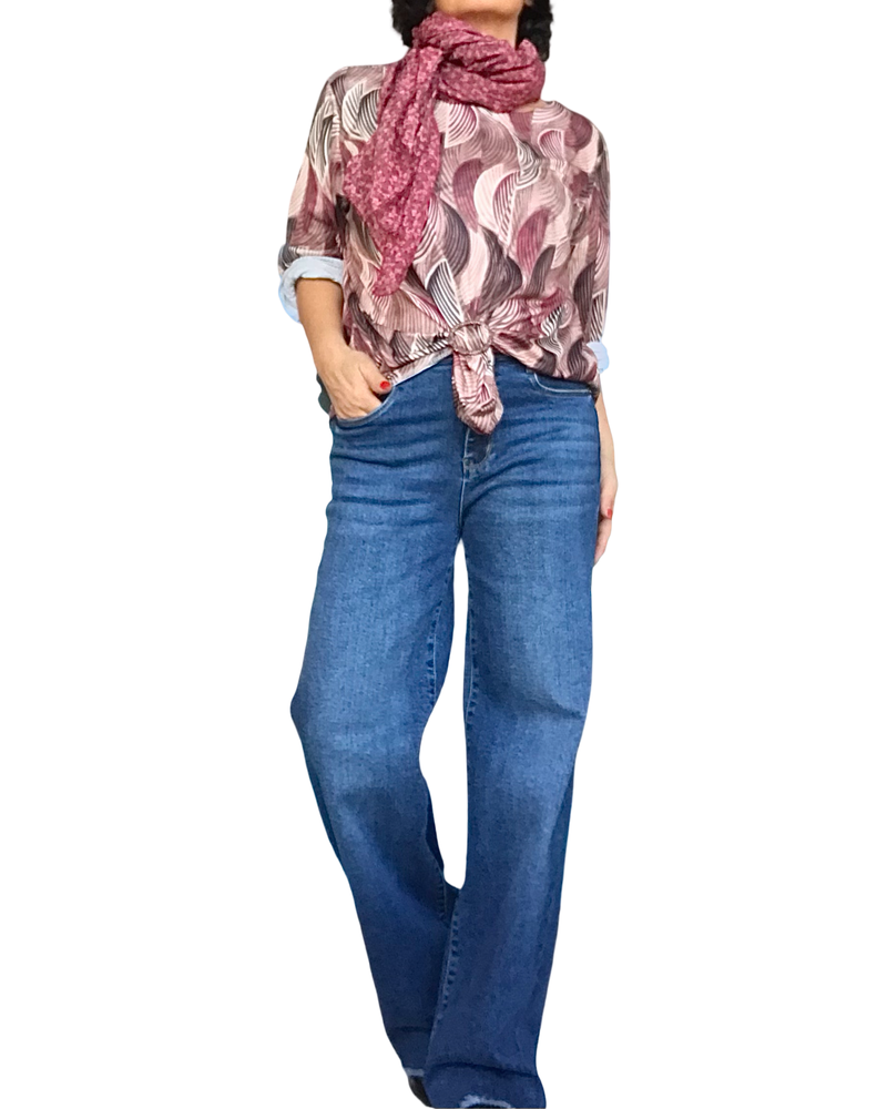 Chandail manche longue à motifs de demi-cercle bourgogne, moka, noir