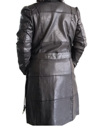 Manteau noir en cuir vegan long patch work de dos