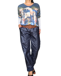 Pantalon bleu marin en cuir vegan froissé taille élastique