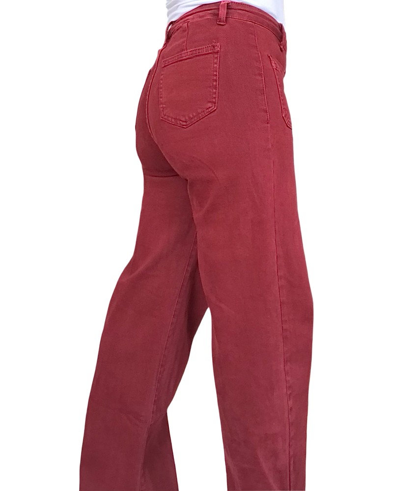 Pantalon droit rouge vin, poches appliquées, 32 pouces de jambe