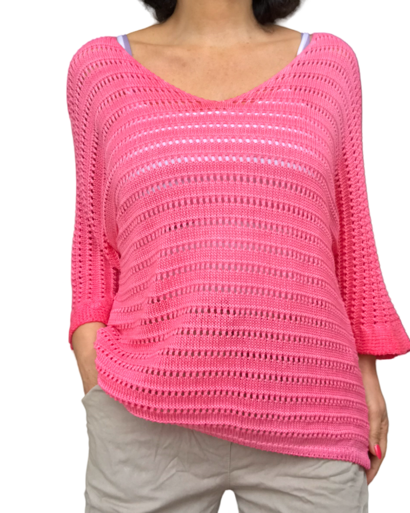 Chandail de tricot uni col en V manche courte en pointelle corail