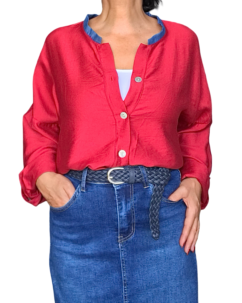 Chemise col Mao, 2 couleurs rouge et jeans à manche longue