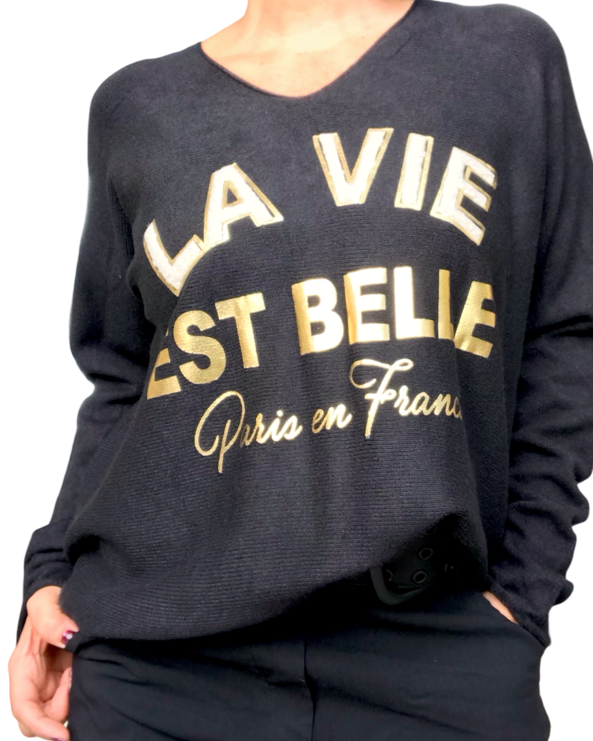 Chandail uni col en V « La vie est belle »