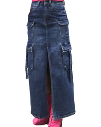 Jupe longue en jeans bleu poches cargo