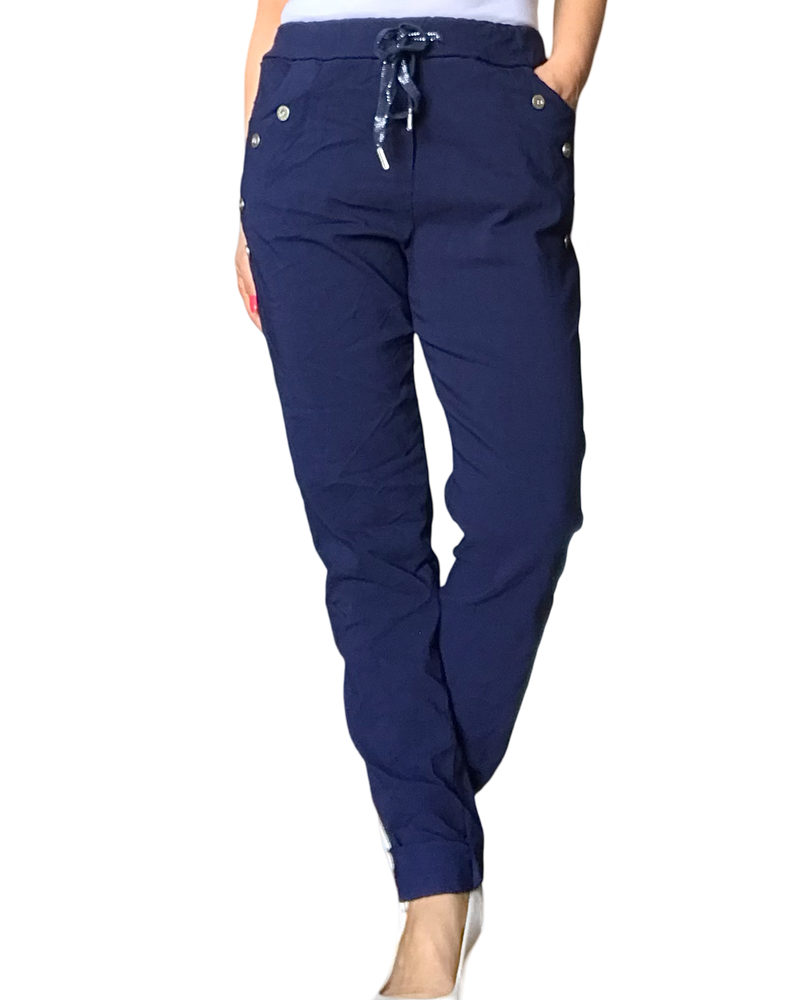 Pantalon bleu marin à taille élastique avec cordon et boutons décoratifs