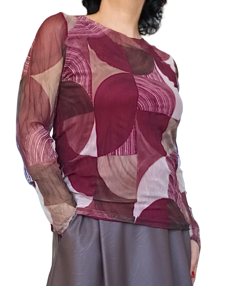 Chandail à manches longues en voile imprimé de demi-cercles bourgogne, brun et beige