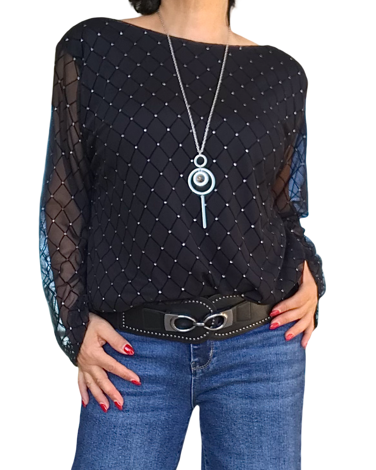 Blouse noire en voile avec losange en velours et pierres argentées