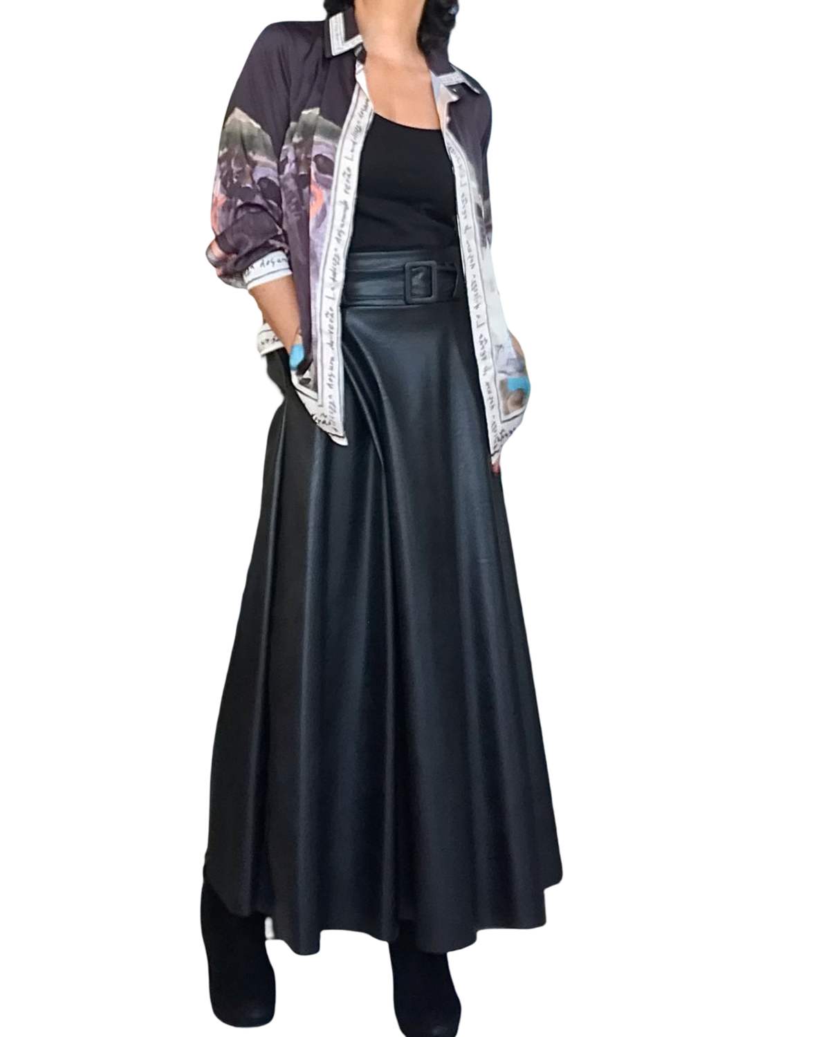 Jupe longue noir cuir vegan, coupe ligne A