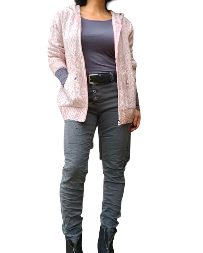 Cardigan chiné à capuchon rose pâle avec pantalon gris