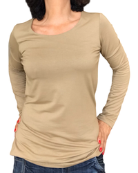 T-shirt uni L/XL manche longue col en U camel