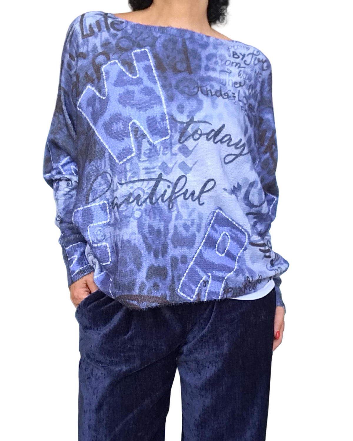 Chandail en tricot imprimé de lettres bleu manche longue