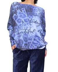Chandail en tricot imprimé de lettres bleu manche longue