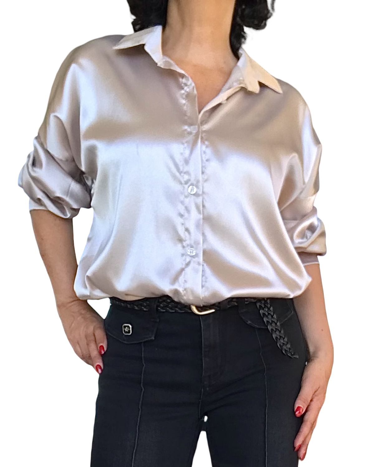 Chemise champagne en satin à manche longue