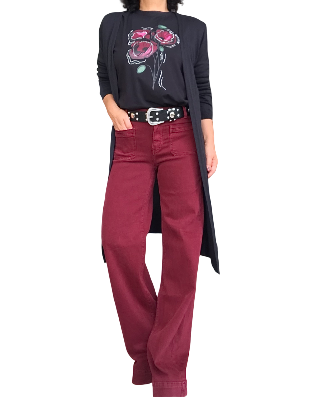Pantalon droit rouge vin, poches appliquées, 32 pouces de jambe