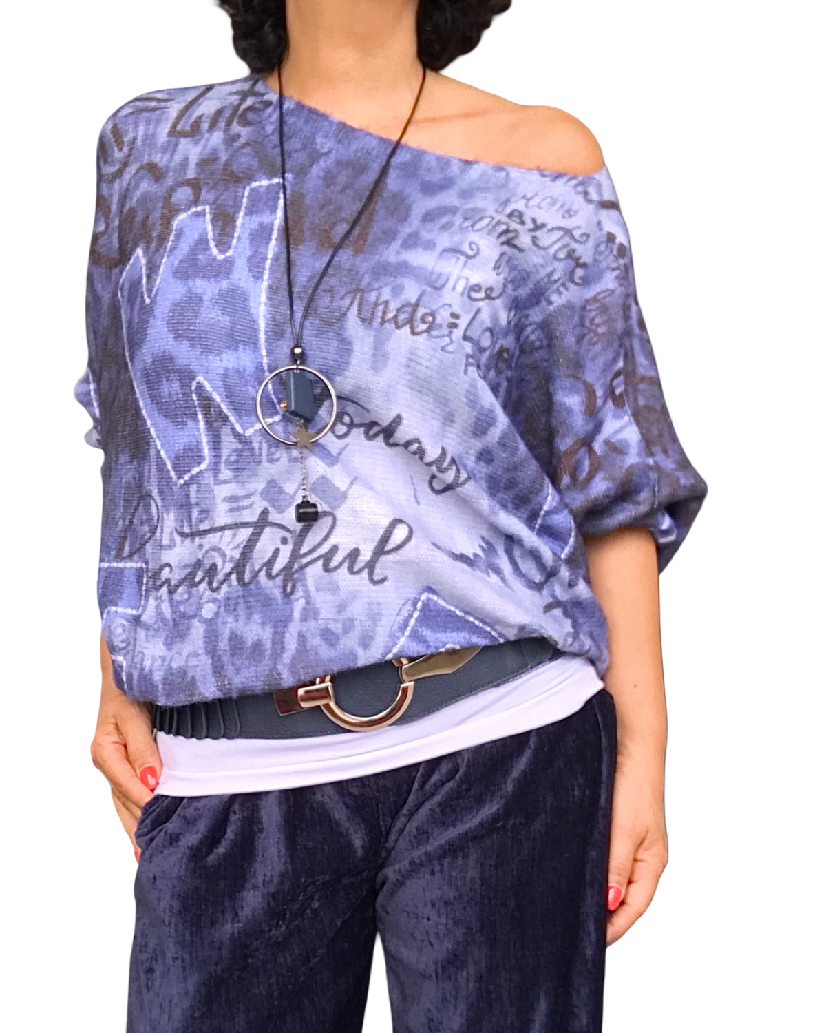 Chandail en tricot imprimé de lettres bleu manche longue