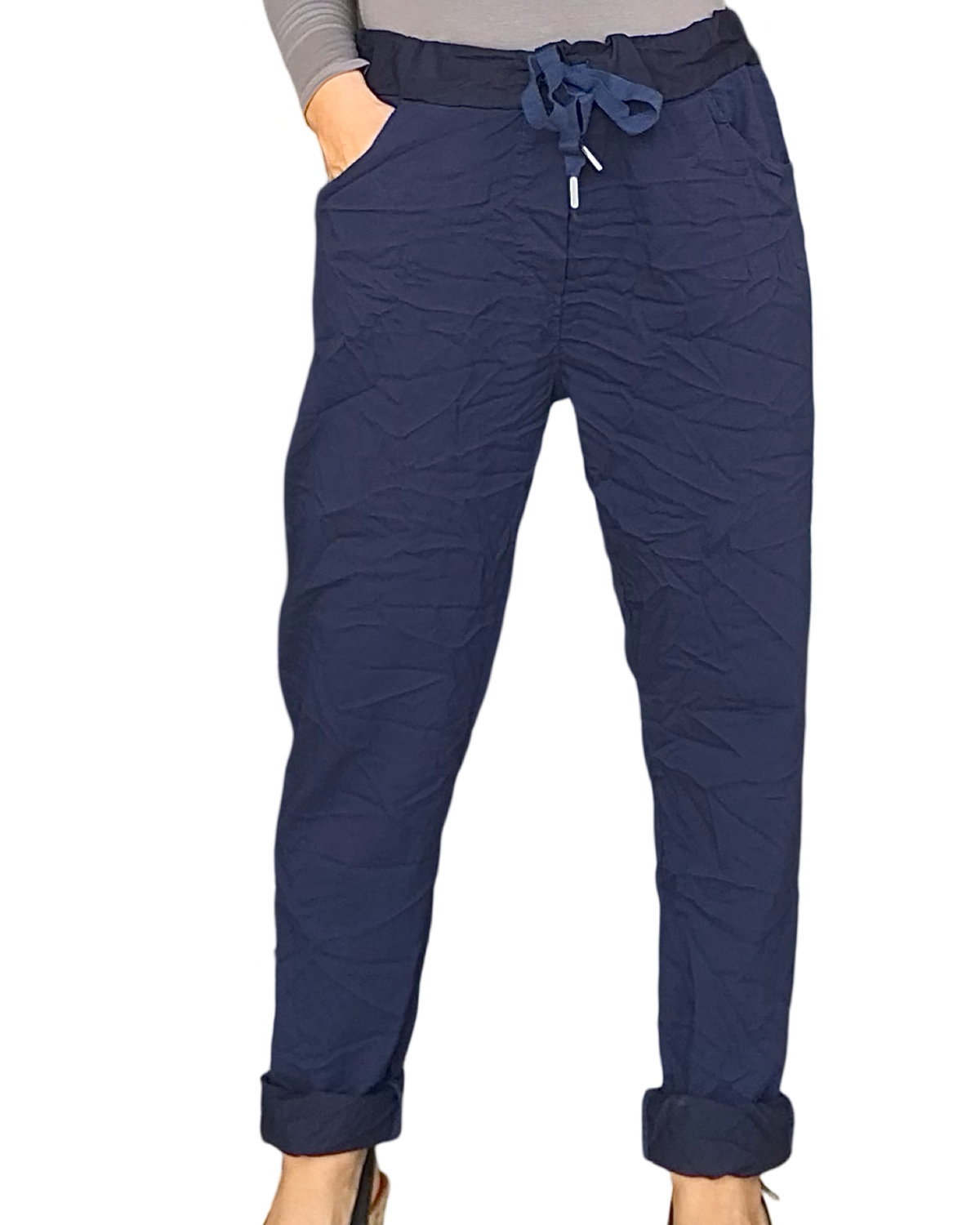 Pantalon bleu marin à taille élastique avec cordon