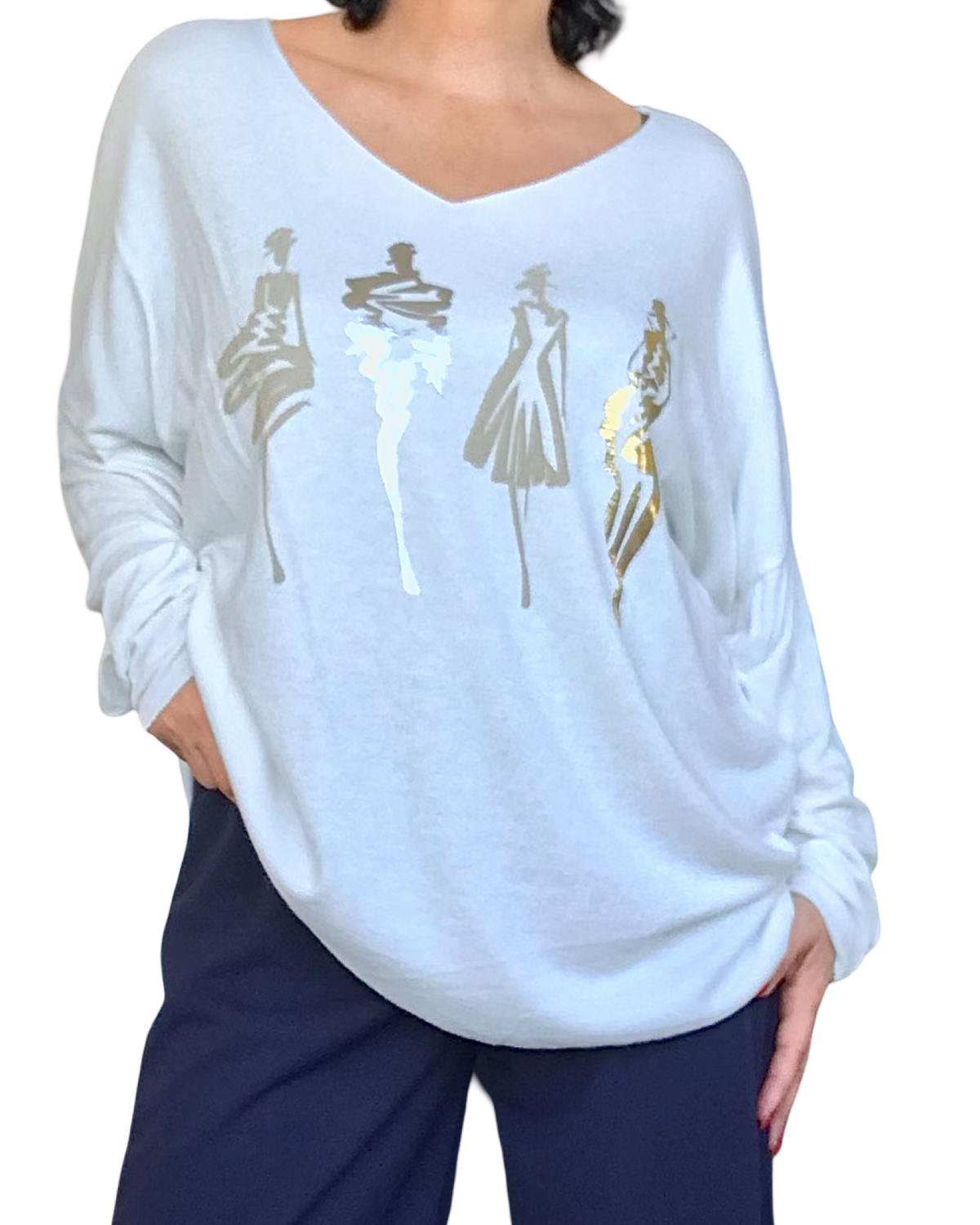 Chandail uni crème col en V avec esquisse de 4 femmes devant