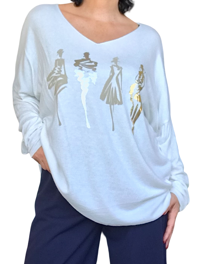 Chandail uni crème col en V avec esquisse de 4 femmes devant