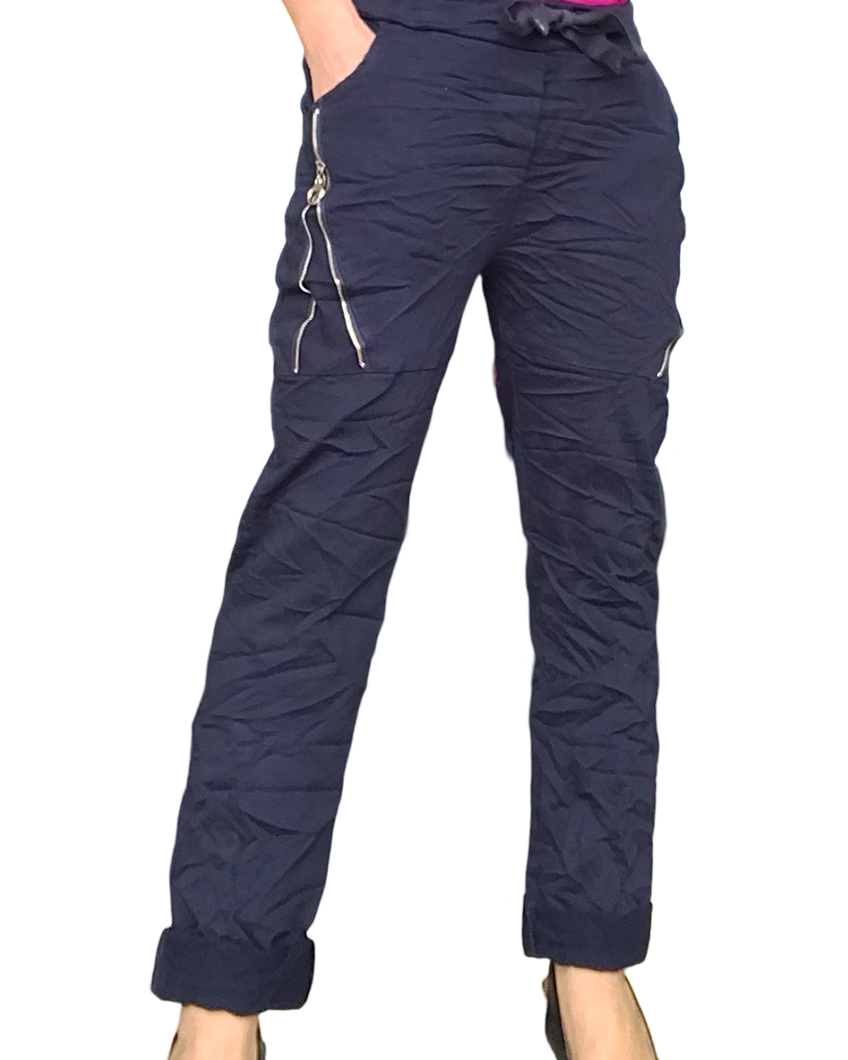 Pantalon marine à taille élastique avec cordon et zip sur les cuisses