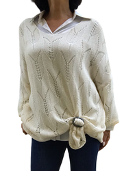 Chandail col en V uni vanille en crochet manche 3/4