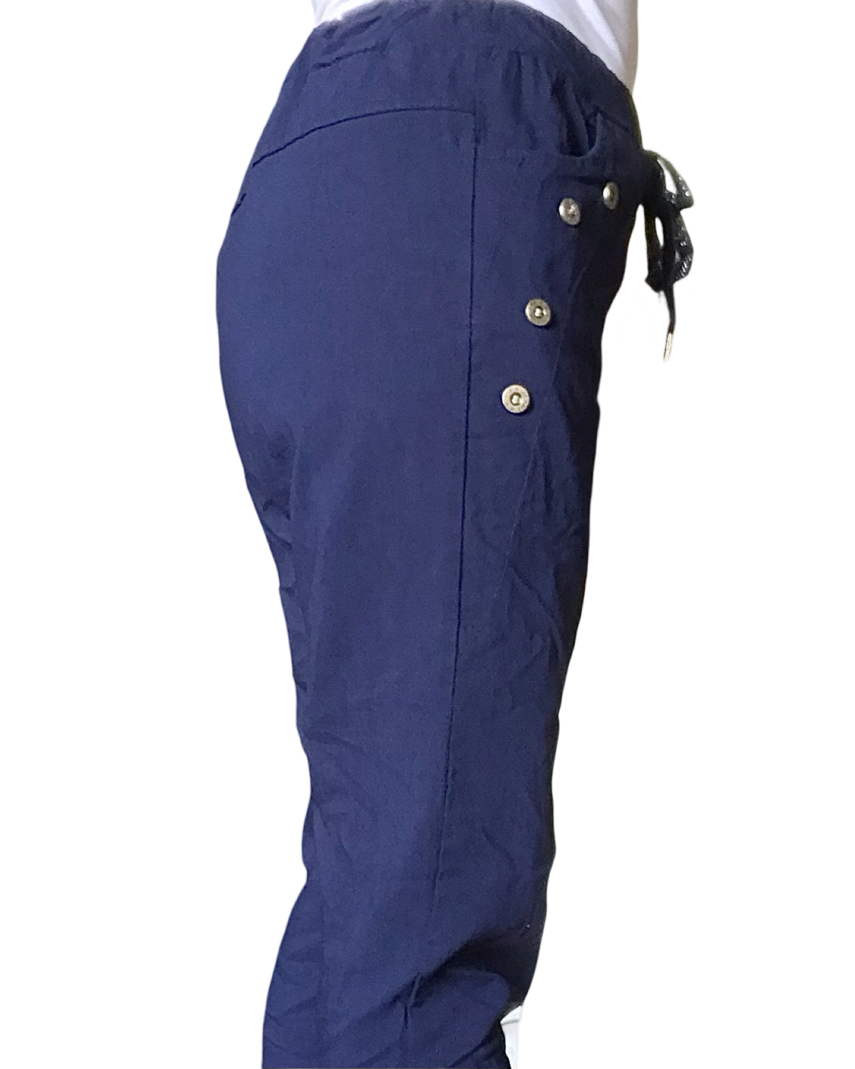 Pantalon bleu marin à taille élastique avec cordon et boutons décoratifs