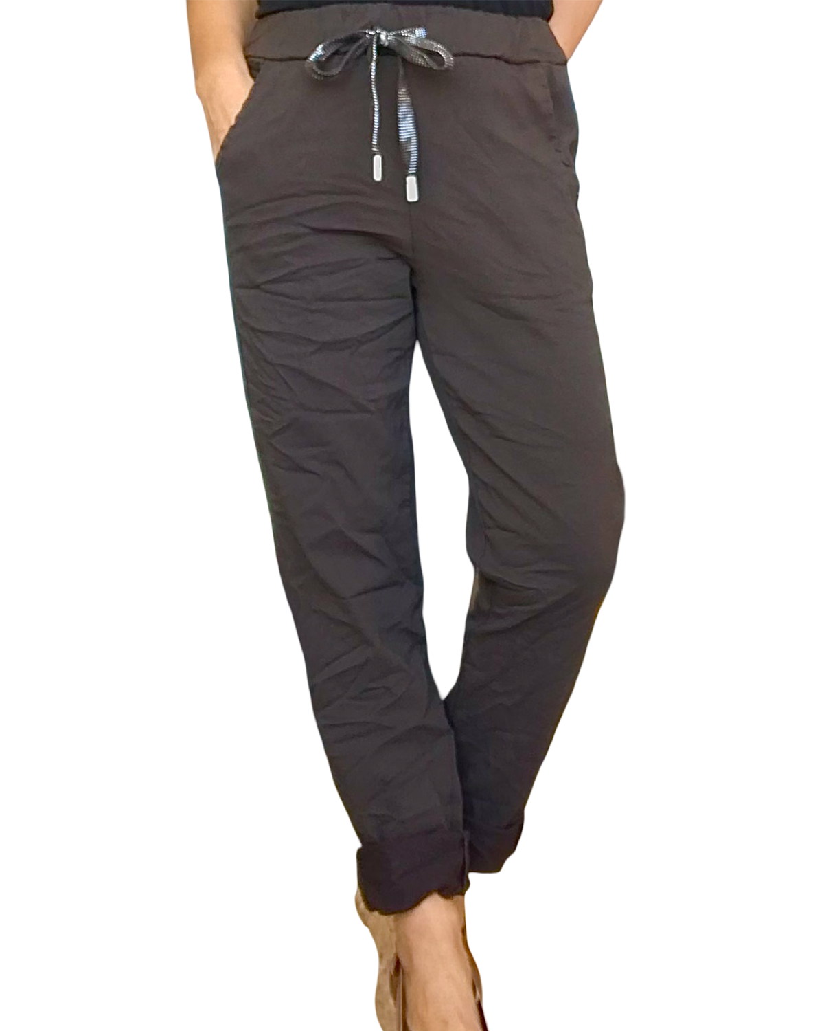 Pantalon brun à taille élastique avec cordon