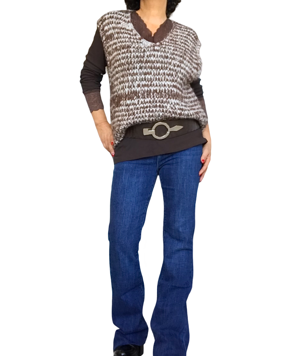 Débardeur en tricot col en V chiné brun et crème