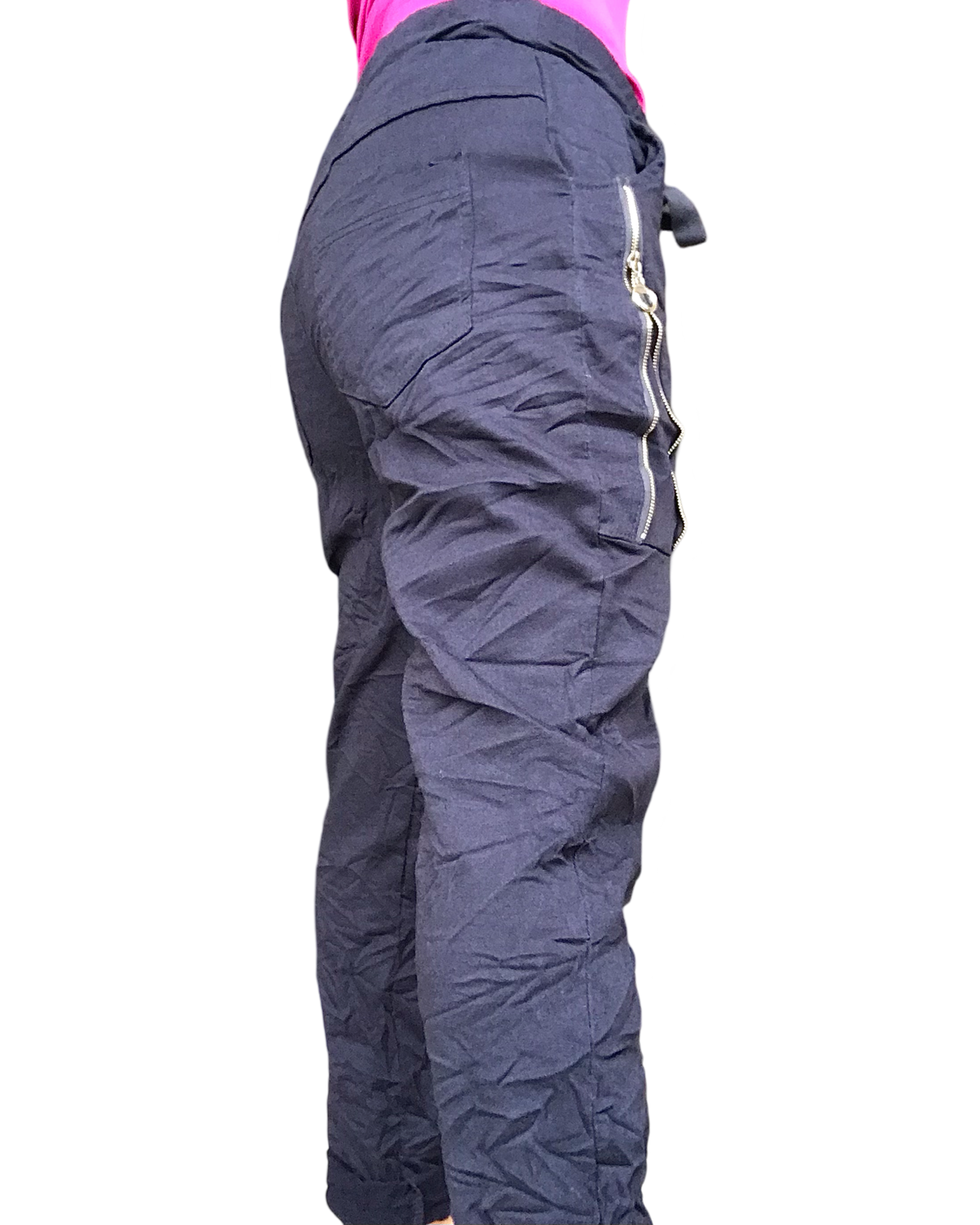 Pantalon marine à taille élastique avec cordon et zip sur les cuisses de coté