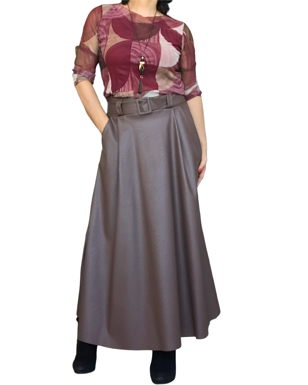 Jupe longue brune cuir vegan, coupe ligne A