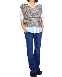 Débardeur en tricot col en V chiné brun et crème