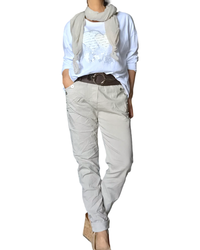 Pantalon beige à taille élastique avec cordon et boutons décoratifs