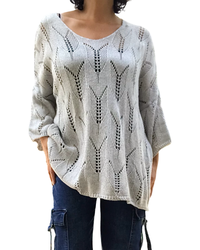 Chandail col en V uni gris silver en crochet manche 3/4