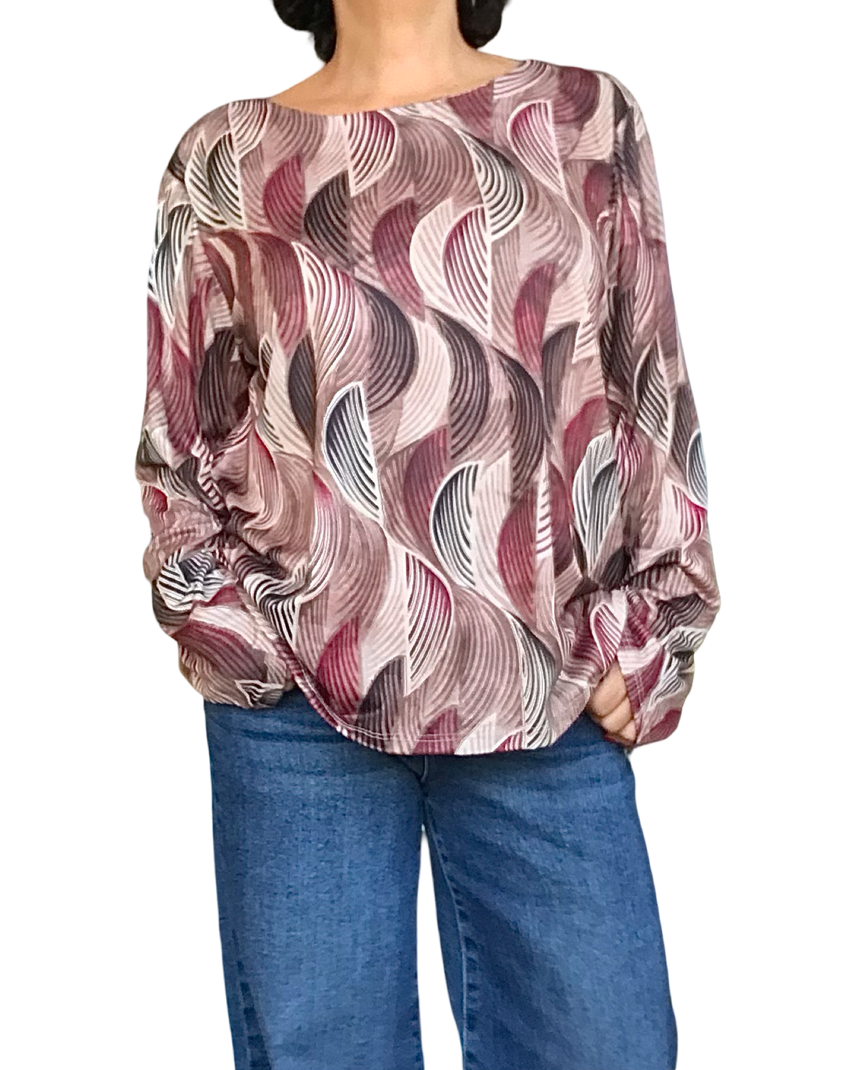 Chandail manche longue à motifs de demi-cercle bourgogne, moka, noir