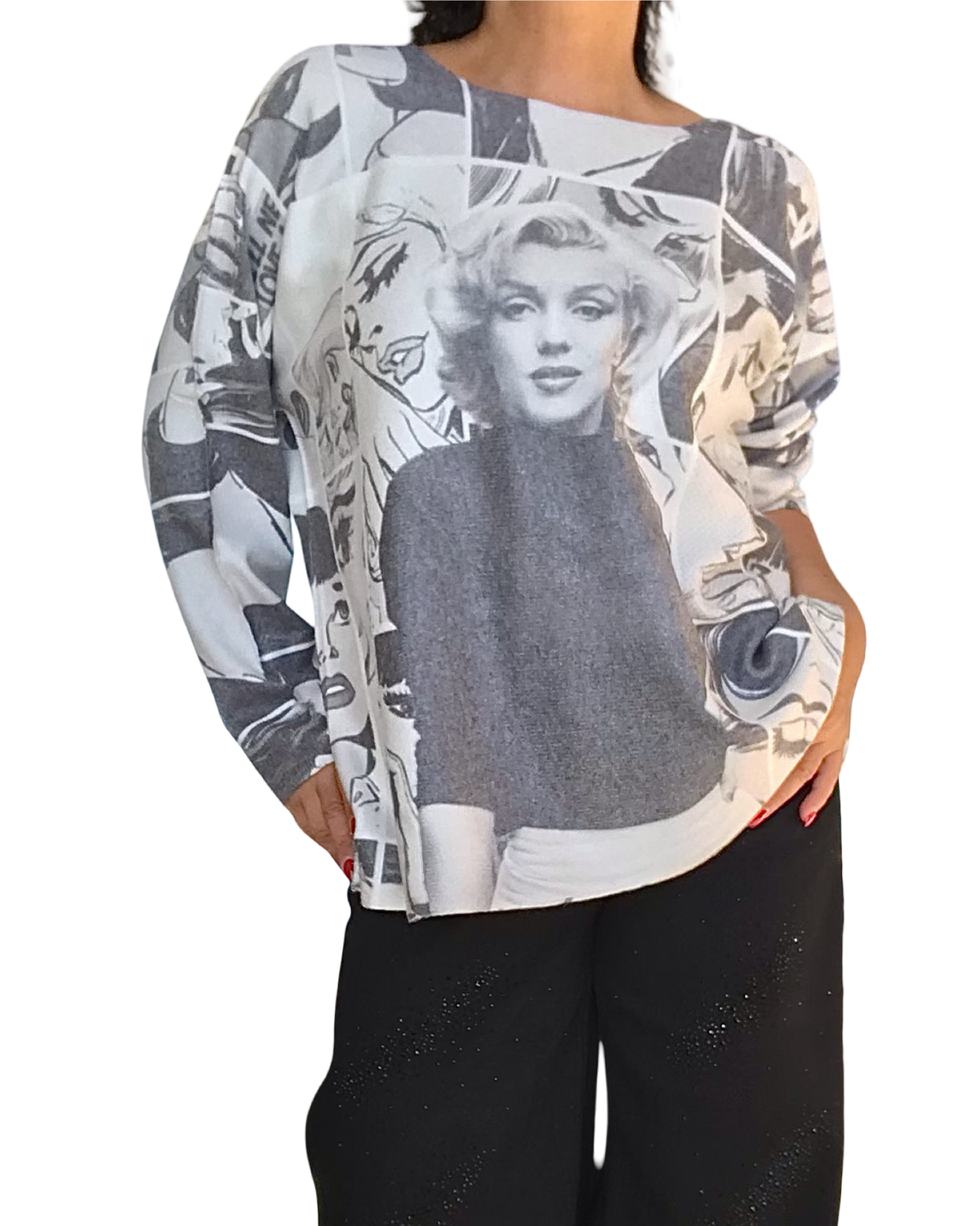 Chandail en tricot uni blanc cassé et noir avec dessin Marilyn Monroe