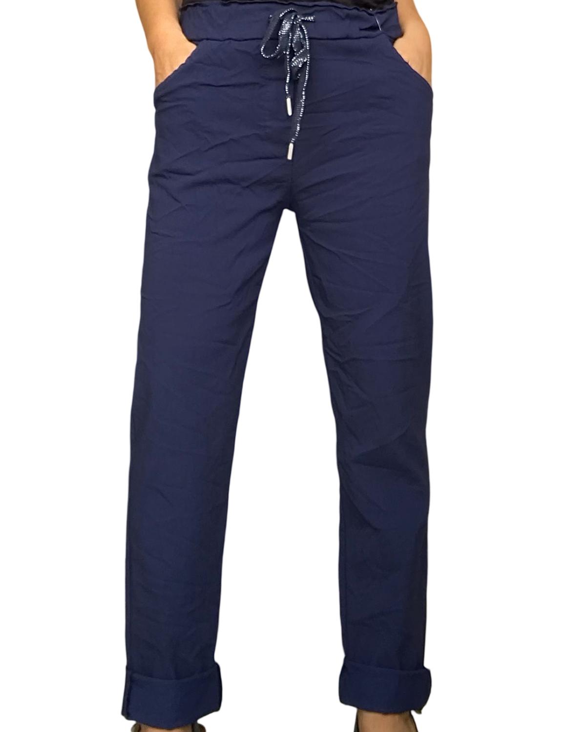 Pantalon bleu marin à taille élastique avec cordon