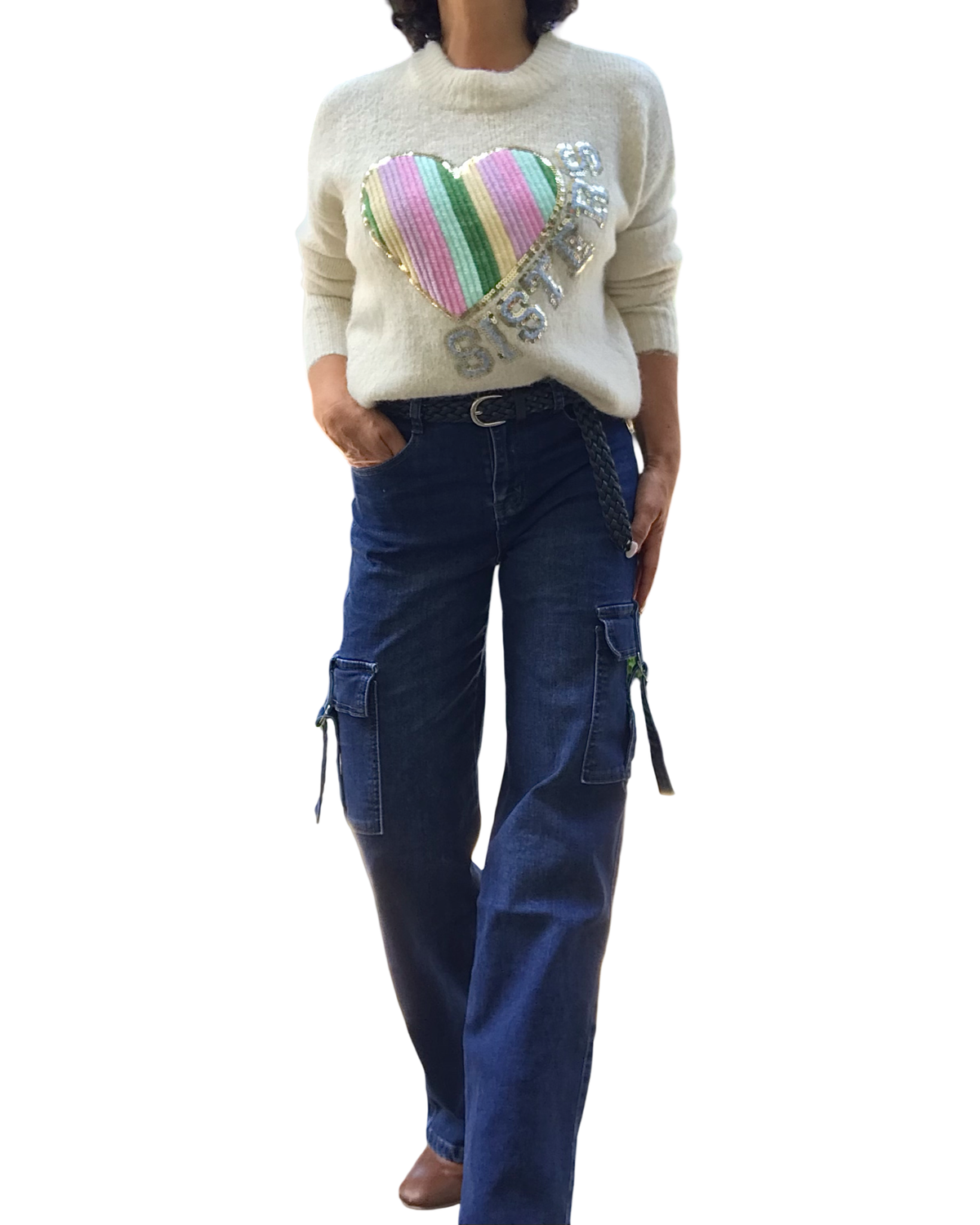 Chandail col montant off white en tricot avec un appliqué de cœur arc-en-ciel