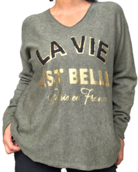 Chandail uni col en V « La vie est belle »