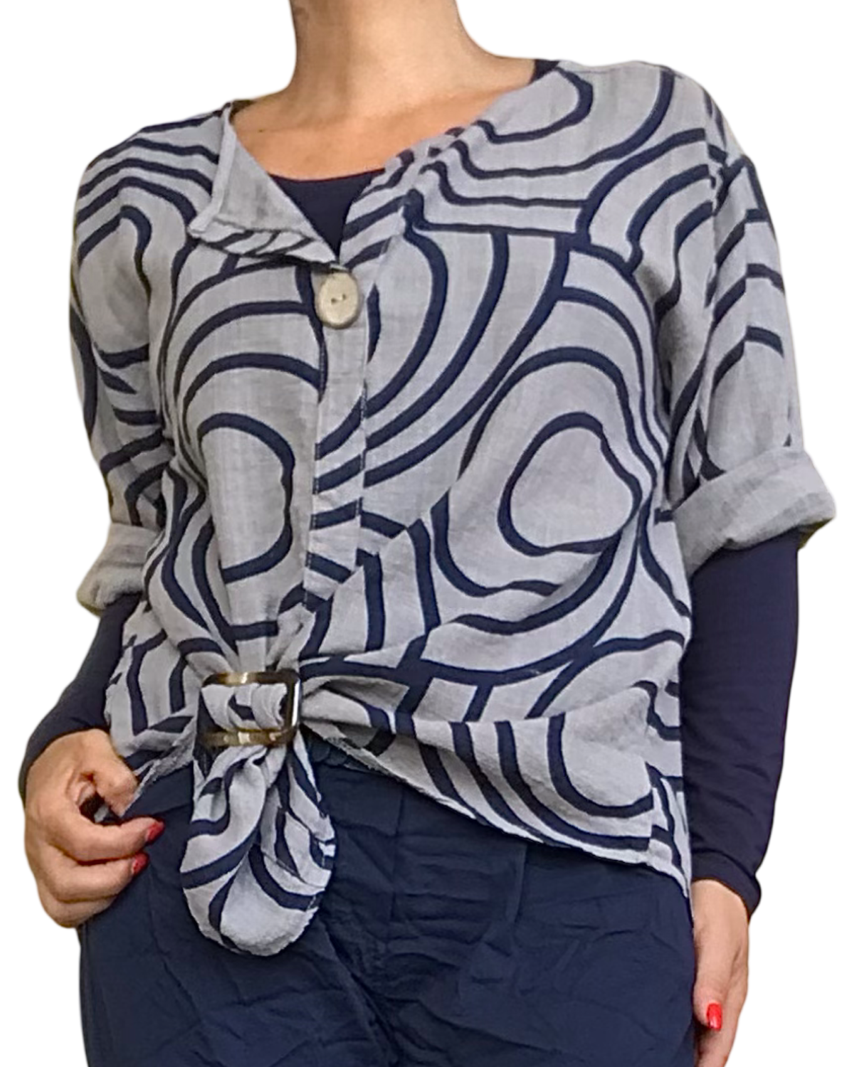 Blouse manche au coude avec cercle bleu marin et moka avec boucle d’ajustement 