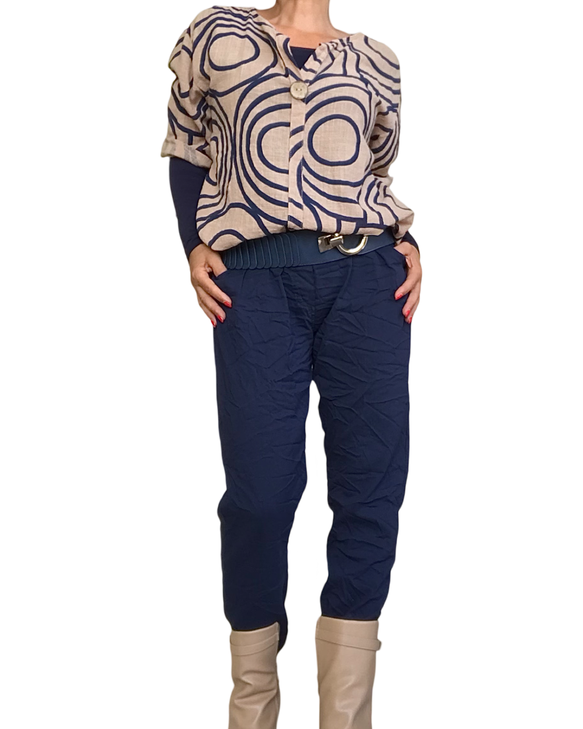 Blouse manche au coude avec cercle bleu marin et camel avec pantalon marine