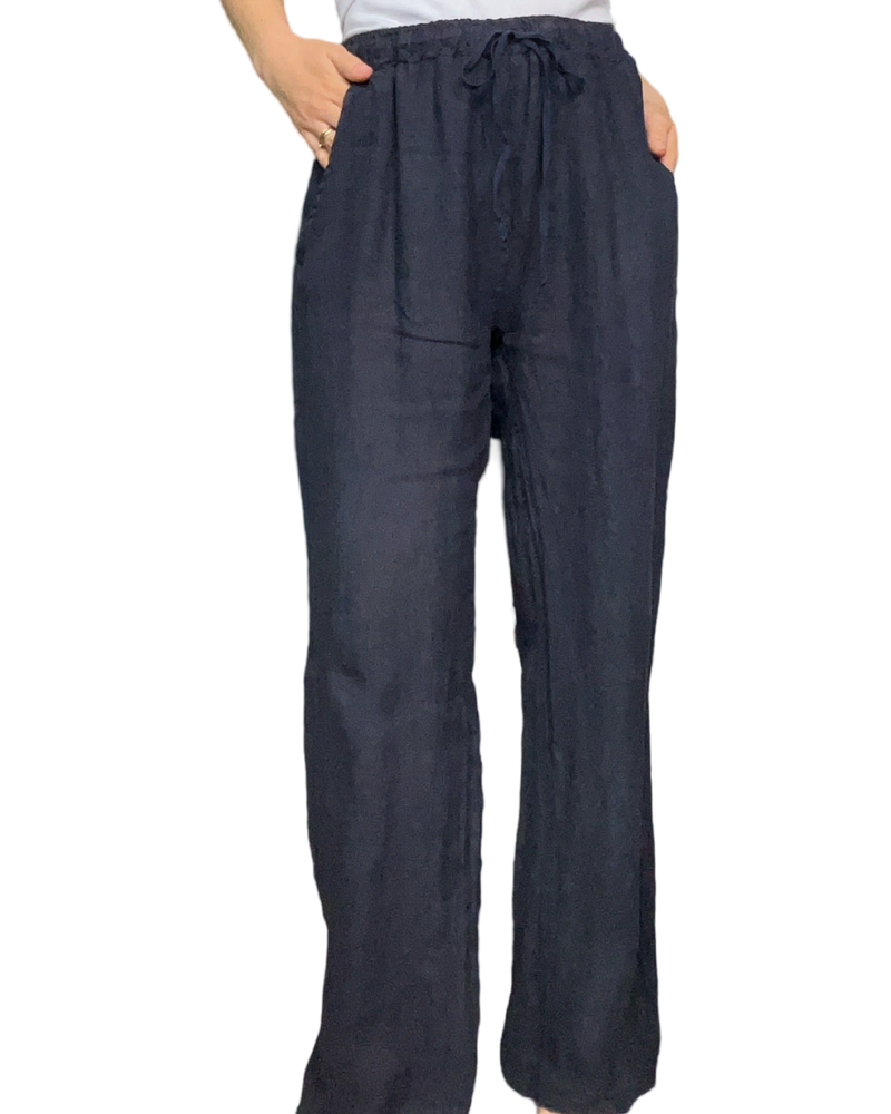 Pantalon droit bleu marin femme en lin à taille élastique avec cordon.